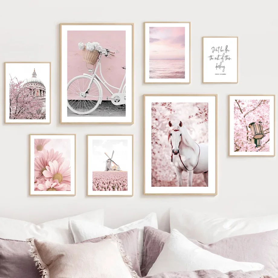 Wall Art Canvas Painting Pink Paris bicycle Orchid Peony Horse Windmill Quotes Posters And Prints Wall Pictures For Living Ro