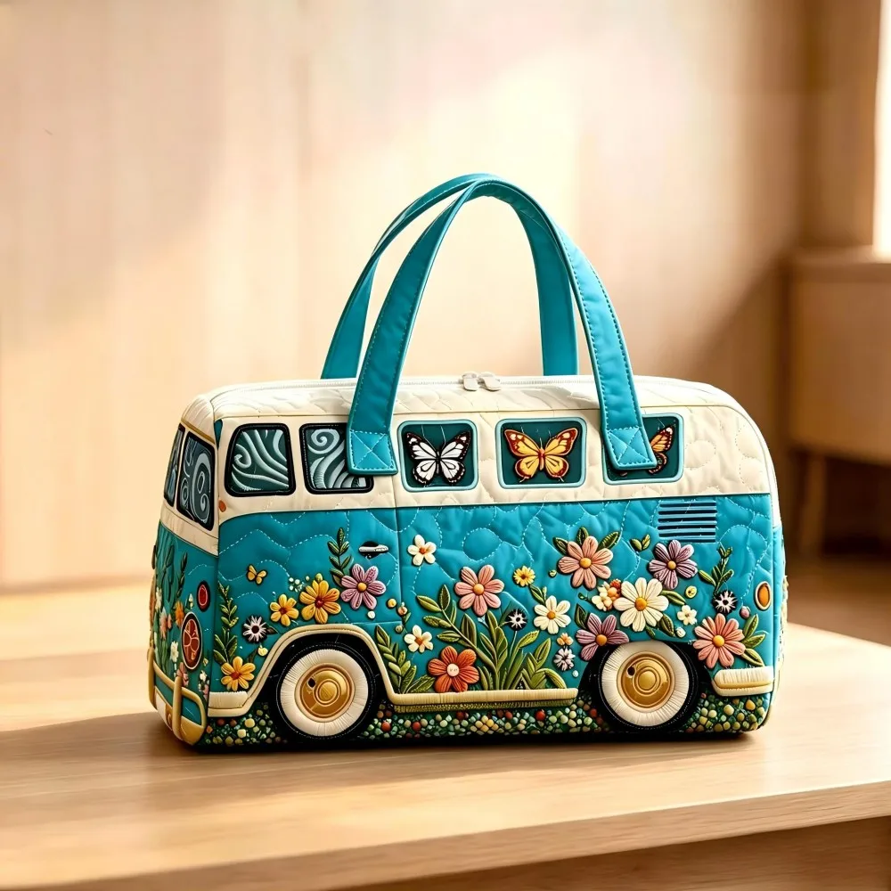 Vintage Bus Flower Butterfly Printed Women's Large Capacity Portable Luggage Bag Outdoor Overnight Vacation Travel Handbag