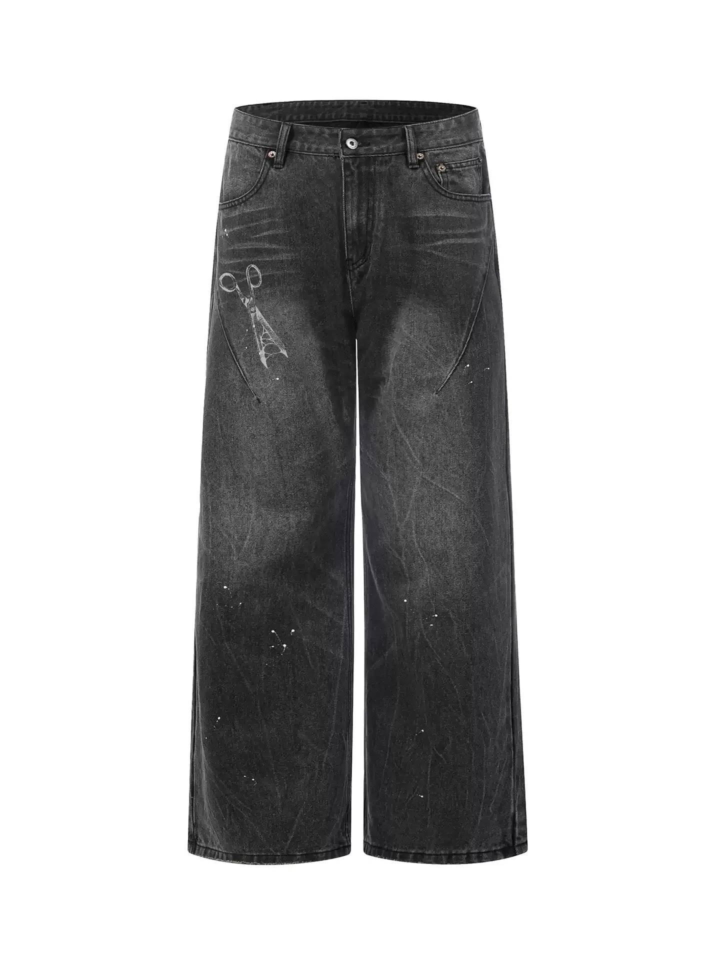 

American Style High Quality Washing Distressed Retro Jeans For Man Printing Design Fashionable Casual Straight Wide Leg Pants