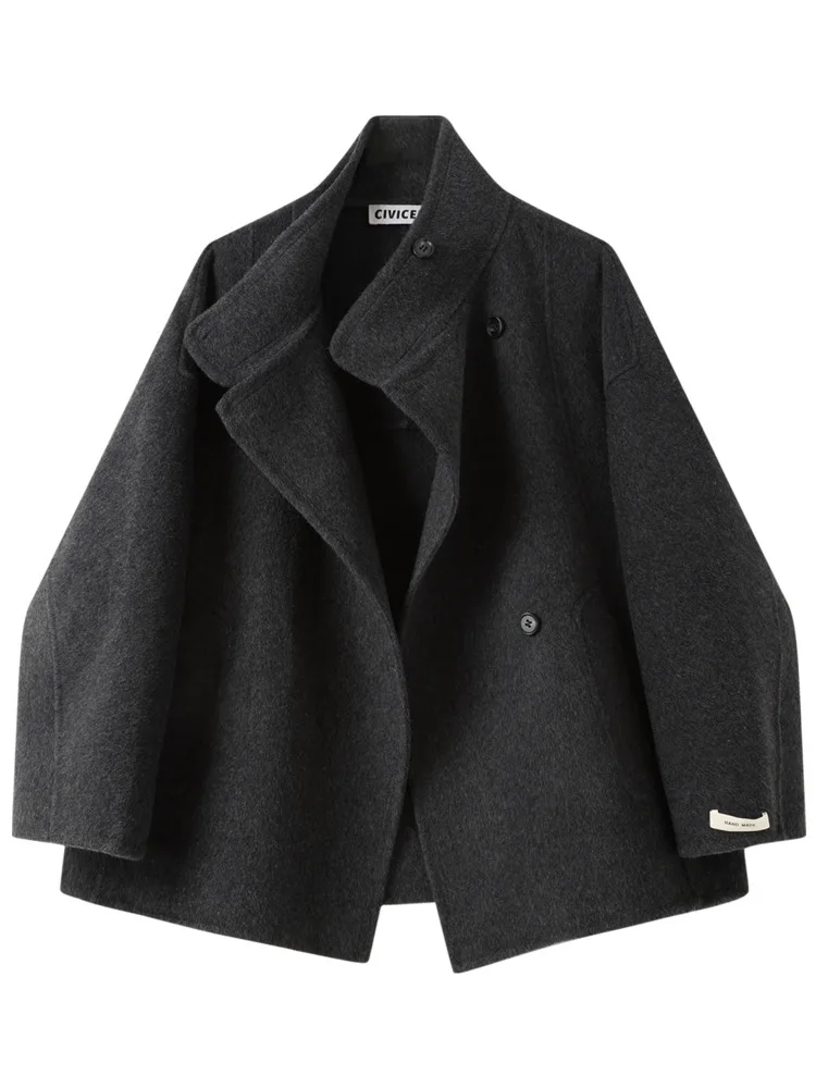 ZMEENNA レディース ショート ブレンド ピーコート オーバーサイズ ベージュ ジャケット ハイスタンドカラー ミニマリスト スタイル 冬 アウター ZM4257