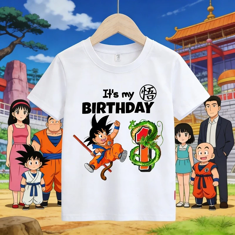 Camiseta de Dragon Ball Goku de algodón para niños, camiseta con figura de cumpleaños, ropa para niños y niñas, ropa de Anime de manga corta para niños, regalo suelto blanco