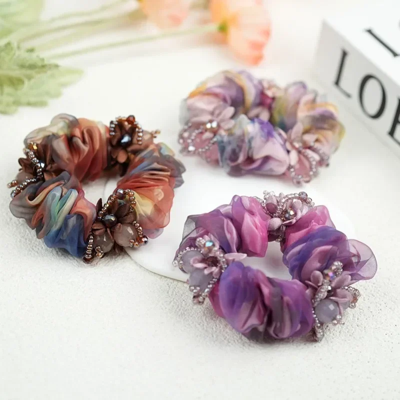 New Organza Large Intestine Hair Ring Flower Female High Sense Hair Rope Flower-Shaped Hairpin for Updo Headdress Wholesale