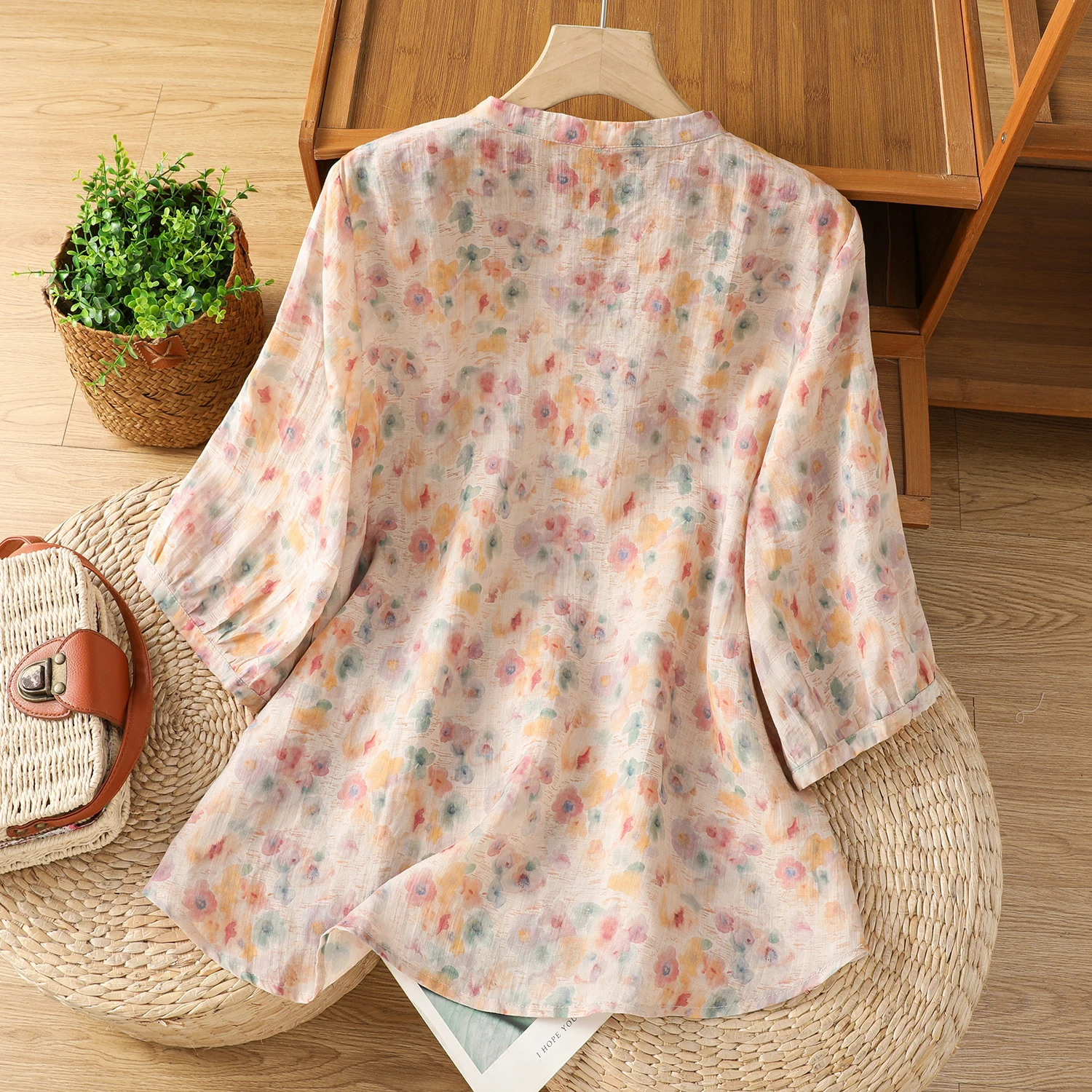 달콤한 면 혼방 반팔 여성 셔츠 여름 신상 플로럴 프린트 루즈핏 라운드넥 버튼업 캐주얼 탑