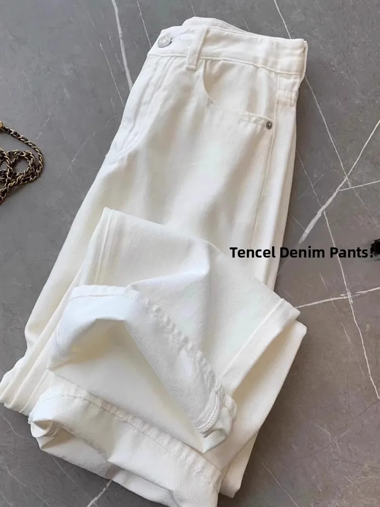 

High Waist Wide Leg Silk Denim Jeans Women Summer Thin Cool Casual Ice Silk Straight Leg Long Pants Slim Fit Anti-Wrinkle