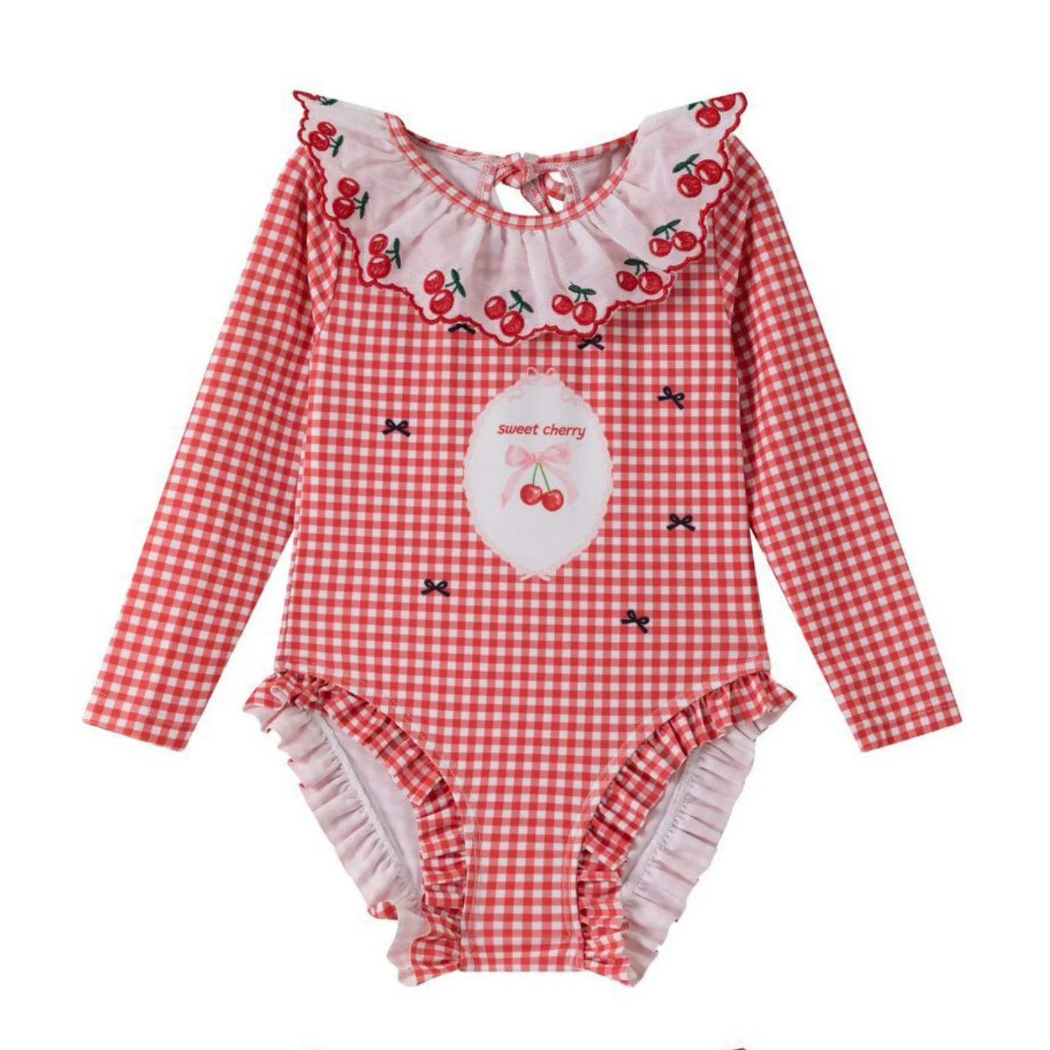 Kids Holiday Long Sleeve Swimsuit stylish red plaid sweet cherry print ruffled edge open back designer sun protective Swimwear