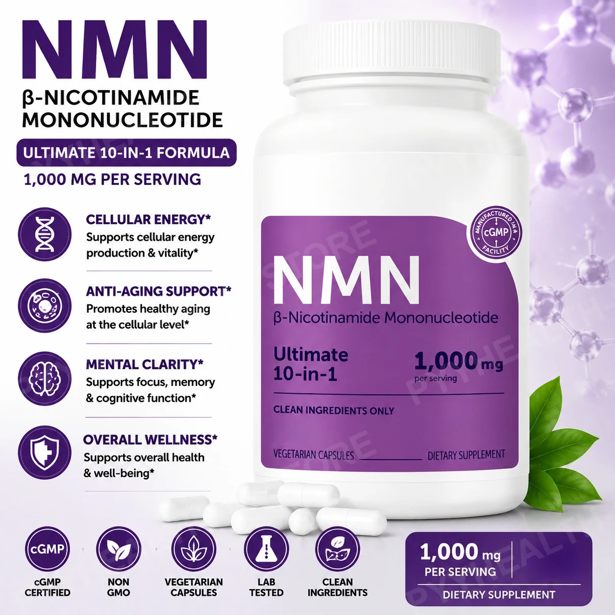 NMN Complex 1000mg Per Serving, 10-in-1 NAD+ Precursor with Resveratrol CoQ10, 120 Vegetarian Capsules Daily Support