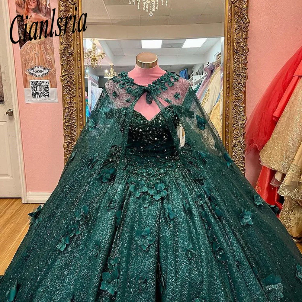 Robe de Quinceanera en cristal perlé vert émeraude avec cape, robe de Rh, corset de fleurs en fibre 3D, 15 ans