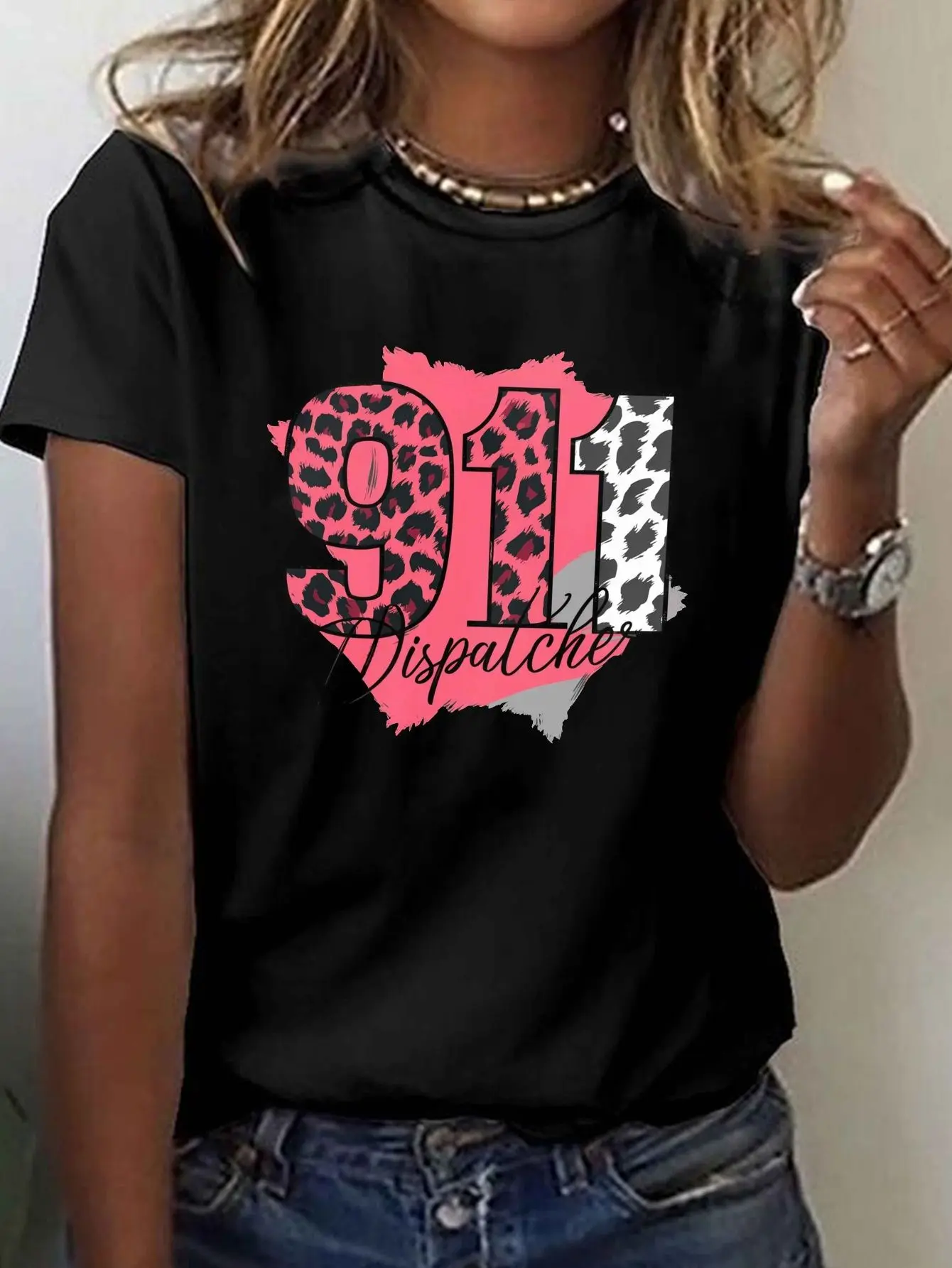 911 Leopard Print Dispatcher Print T-shirt, Short Sleeve Crew Neck Casual Top for Summer & Spring, Women's Clothing