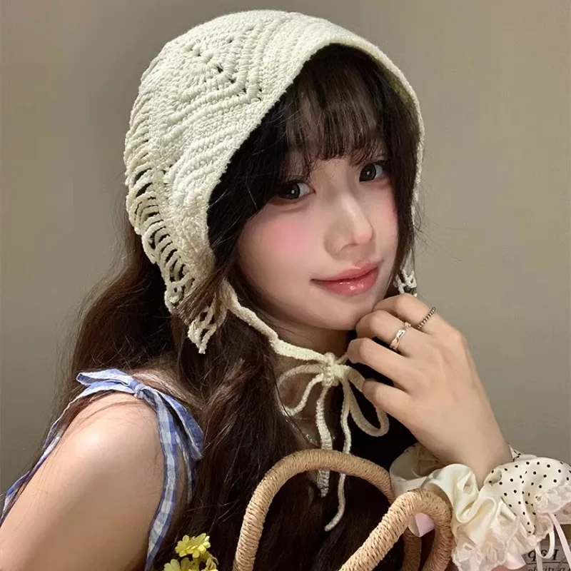 Korean Version of Pastoral Style Hollow Fringed Triangular Headscarf Women's Summer Simple and Versatile Knitted Headband