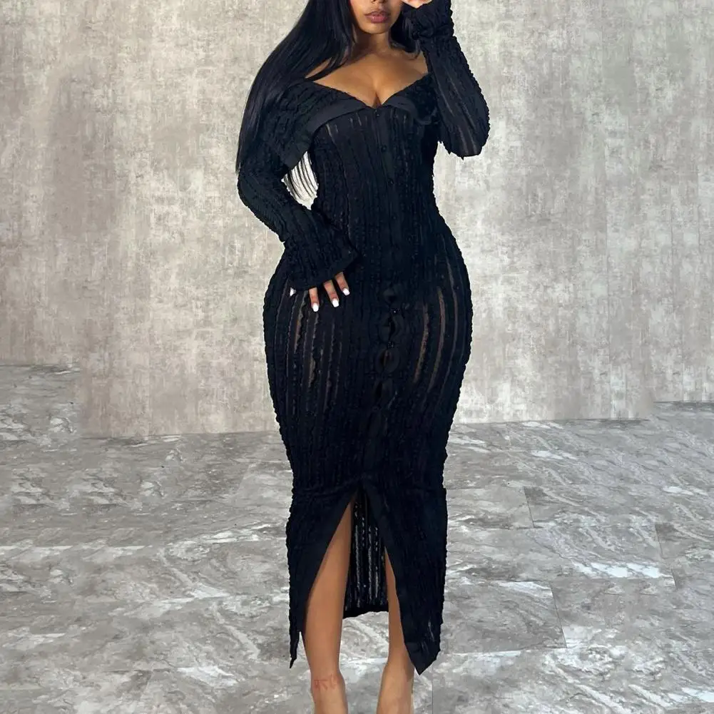 Women Wavy Maxi Dress Dress Sexy Off Shoulder Long Sleeve  Split Hem Skinny Bodycon Dress See-through Low-cut Party Dresses