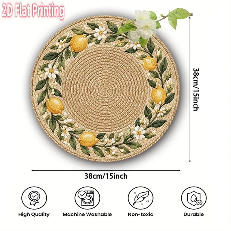 4-Piece 2D Printed Placemats - Imitation Rattan Lemon Flower Round - 15-Inch Polyester Tablecloth, Home Decoration, Festival Use view 6