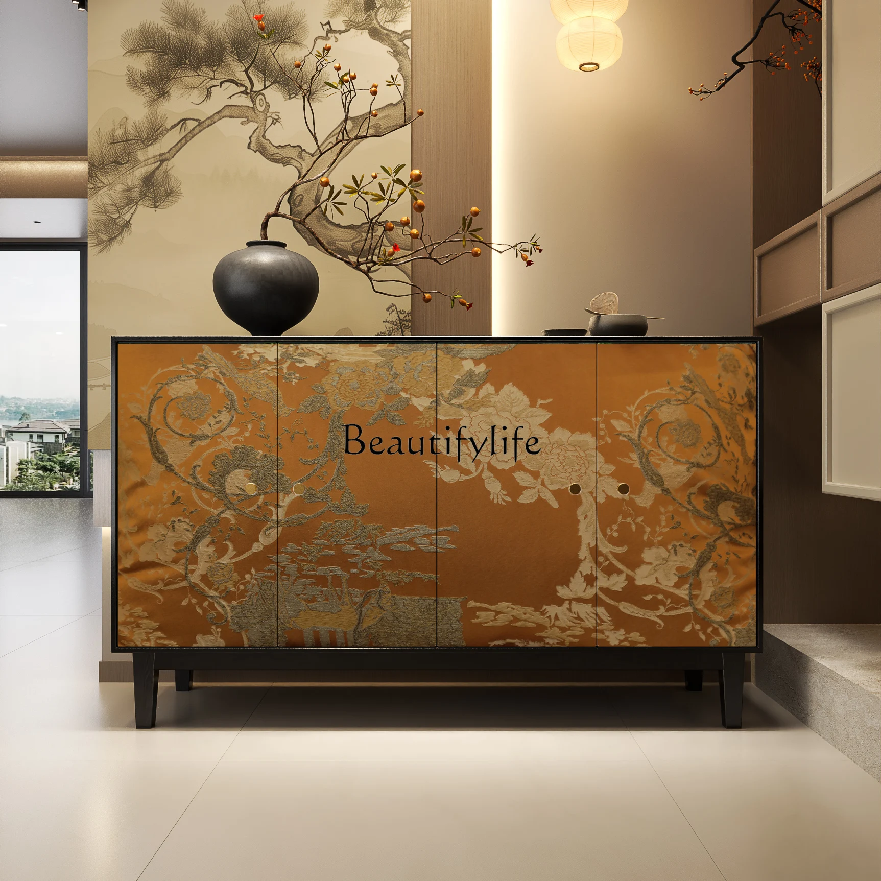 

Medieval style solid wood painted dining side cabinet American retro entrance wabi sandy wind storage cabinet