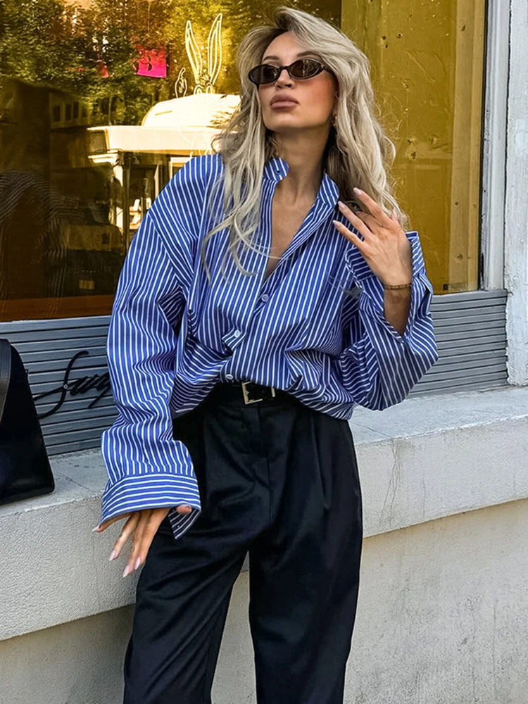 2024 Fashion Striped Women Shirts Spring Autumn Office Ladies Turn Down Collar Classic Streak Blouses And Tops Casual Lady