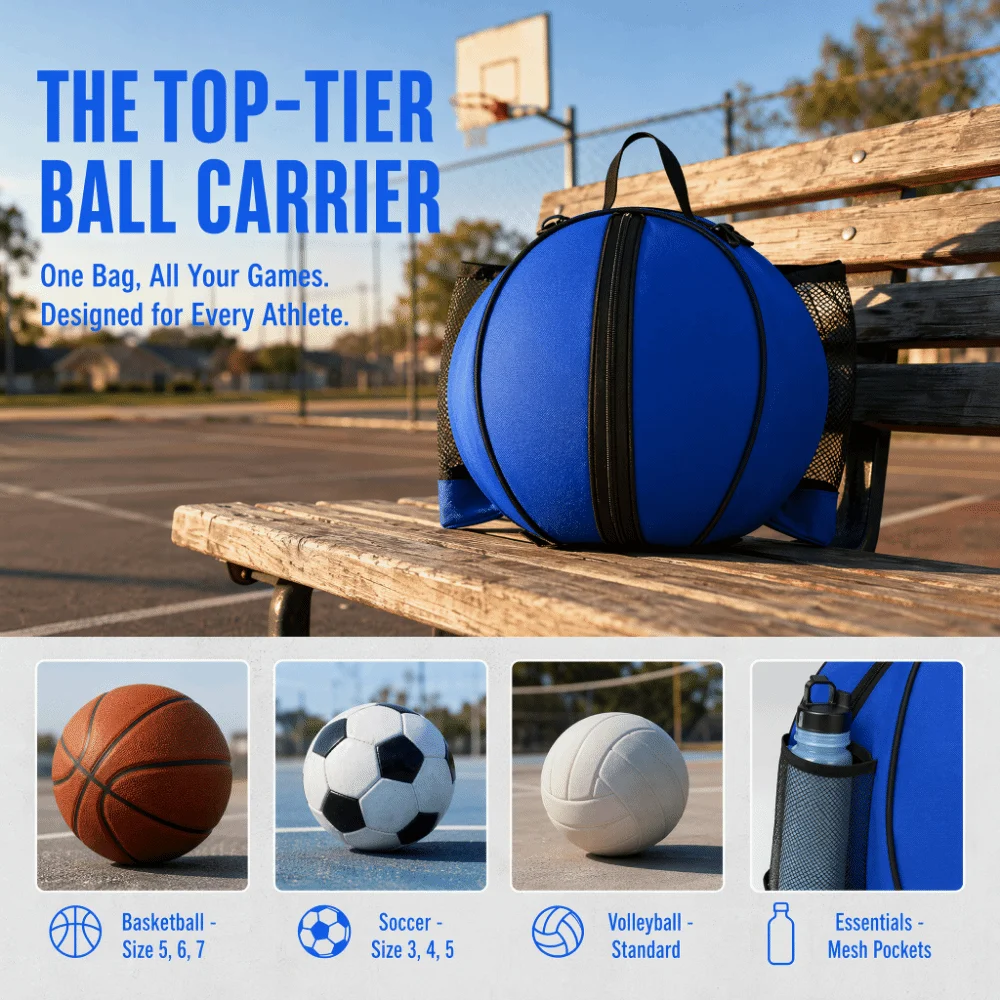 Round Basketball Bag Double Mesh Pockets Oxford Fabric Sports Ball Carrier Detachable Shoulder Strap Anti-Tearing