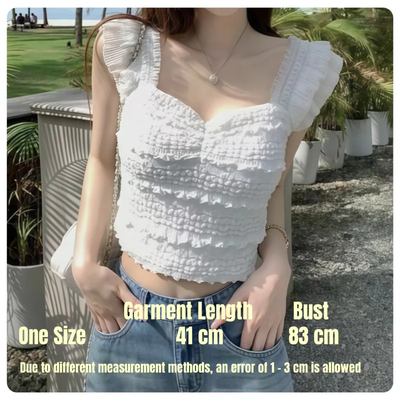 Sweet Girly Style Square-Neck Sleeveless Braless Slim-Fit Lace Strap Ruffled Camisole
