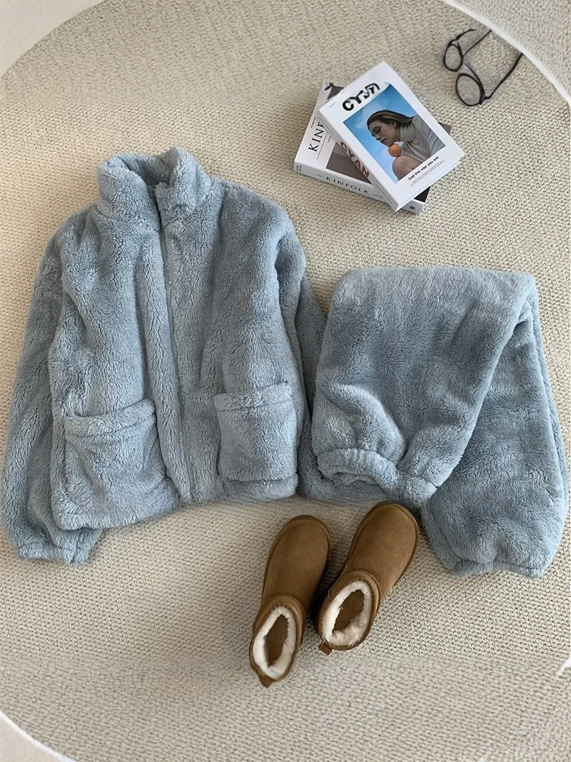 

Winter Thickened Coral Fleece Home Clothes Set Women's Loose Warm Slimming Sleepwear Two-Piece Lazy Style Comfortable Suit