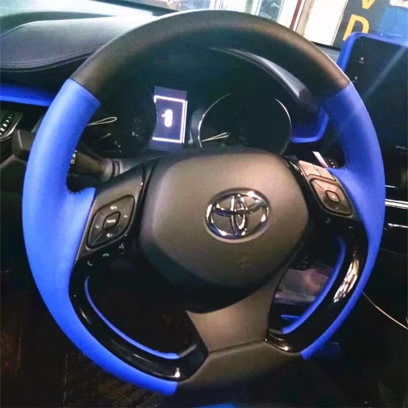For Toyota C-HR CHR 2016-2019 Hand-stitch black blue Genuine Leather car Steering Wheel Cover Auto parts