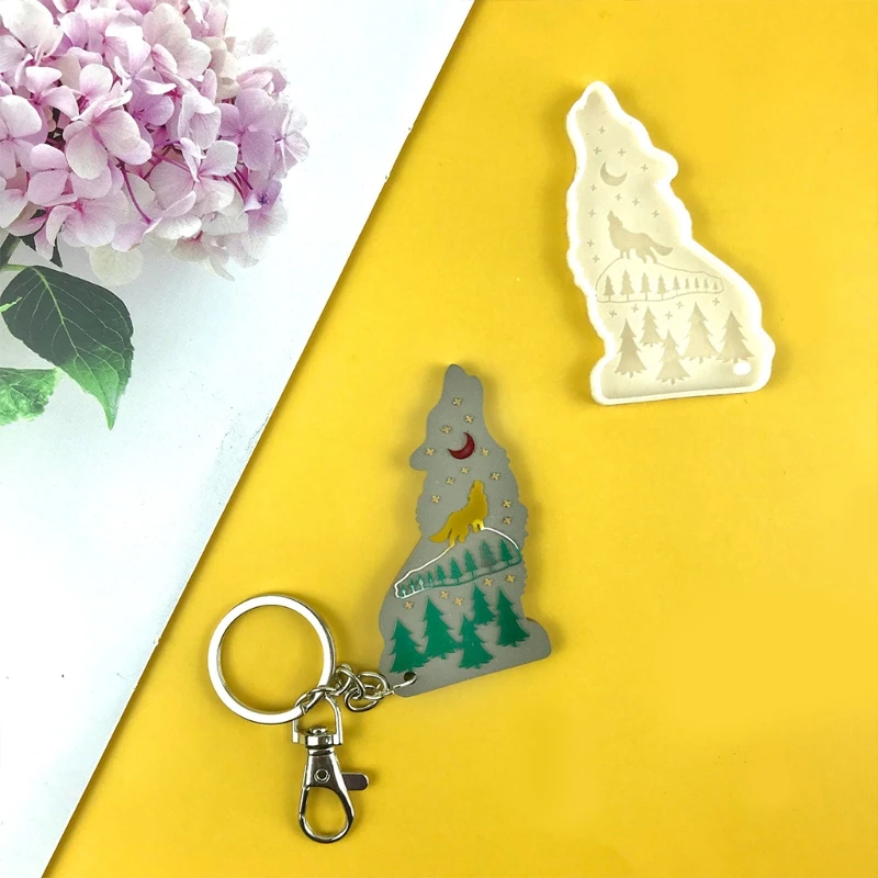 Shiny Wolf Keychain Epoxy Resin Mold Necklace Pendant Silicone Mold DIY Crafts Jewelry Decortaion Casting Mold Tool