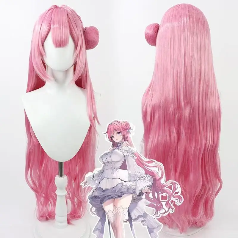 Cosplay Wig Dorothy Long Pink Wavy Wig With Rose Hair Bun Heat Resistant Synthetic Hair For Women Halloween Costume Party Wig