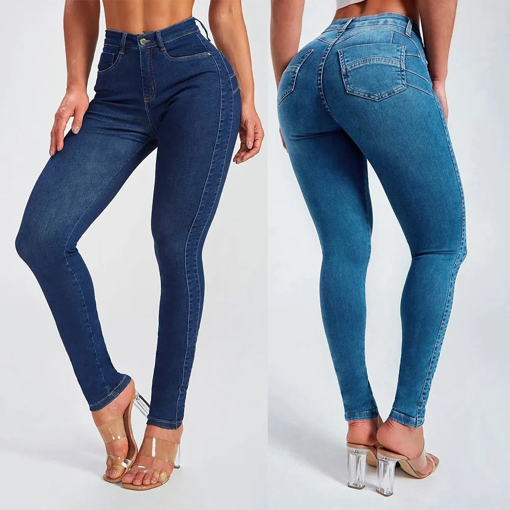 Women's Blue Jeans Cotton High Waist Washed Denim Pants Mid Wash Five Pocket Zip Fly Pencil Side Seam Slim Fit