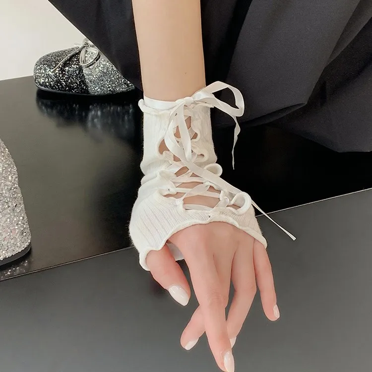 Kawaii medio dedo corbata puño Y2k temperamento gótico decoración de muñeca de moda Cosplay segunda generación señoras guantes de brazo largo