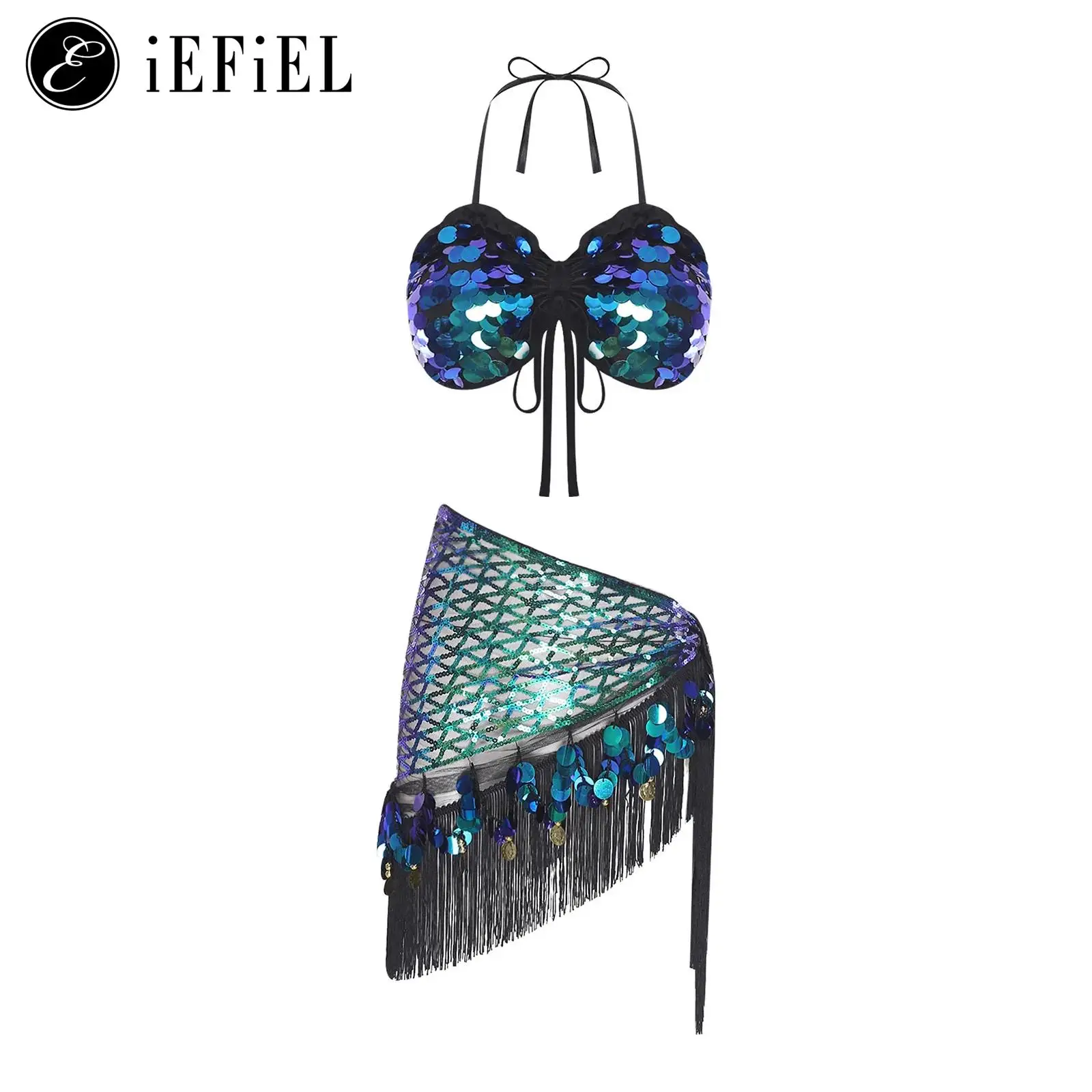 Womens Belly Dance Costume Outfit Shiny Sequin Halter Lace-up Crop Top And Sequin Tassel Triangle Hip Scarf Waist Chain Hip Wrap