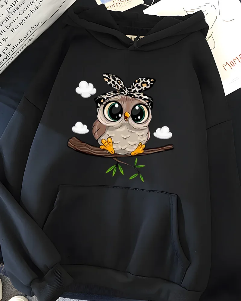 Hirsionsan Kawaii Cartoon Print Hoodies Women Oversized Sportwear Female Sweatshirt Cute Graphic Fleece Ladies Clothes Owl Night