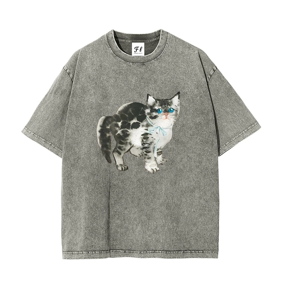 Camiseta de dibujos animados para hombres y mujeres, nueva camiseta informal de manga corta con estampado lavado de gato de verano, ropa de cuello redondo para hombres y mujeres