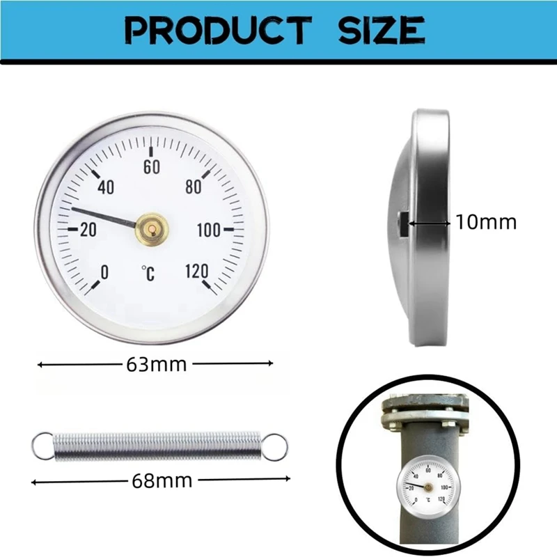 Contact Pipe Thermometer For Accurate Hot Water Pipe Temperature Monitoring 63Mm Bimetal Silver White Stainless Steel 3Piece