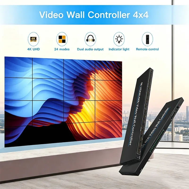 4K HDMI Video Wall Controller, 4x4 16-Channel TV Multi-Screen Processor, Video Splicer, Image Mirroring, Dual Audio Output