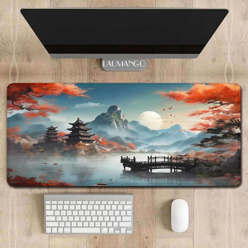 Chinese Aesthetic Mouse Pad Autumn Moon Over Calm Lake 3MM 2MM Big Gift Desk Mat Computer Gaming Mousepad Large