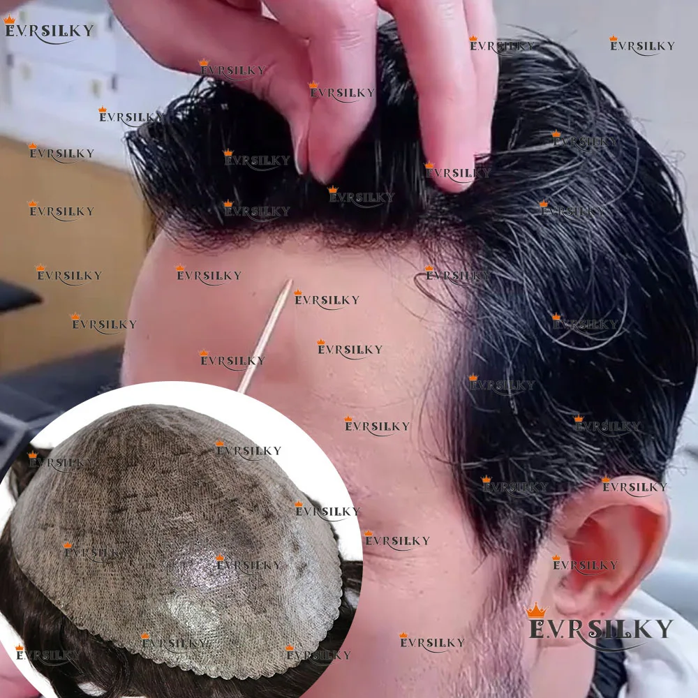 남성용 블랙 다크 브라운 뛰어난 내구성 천연 헤어라인, 얇은 마이크로 스킨 그레이 1B40 1B80 인모 모세관 보형물 헤어피스