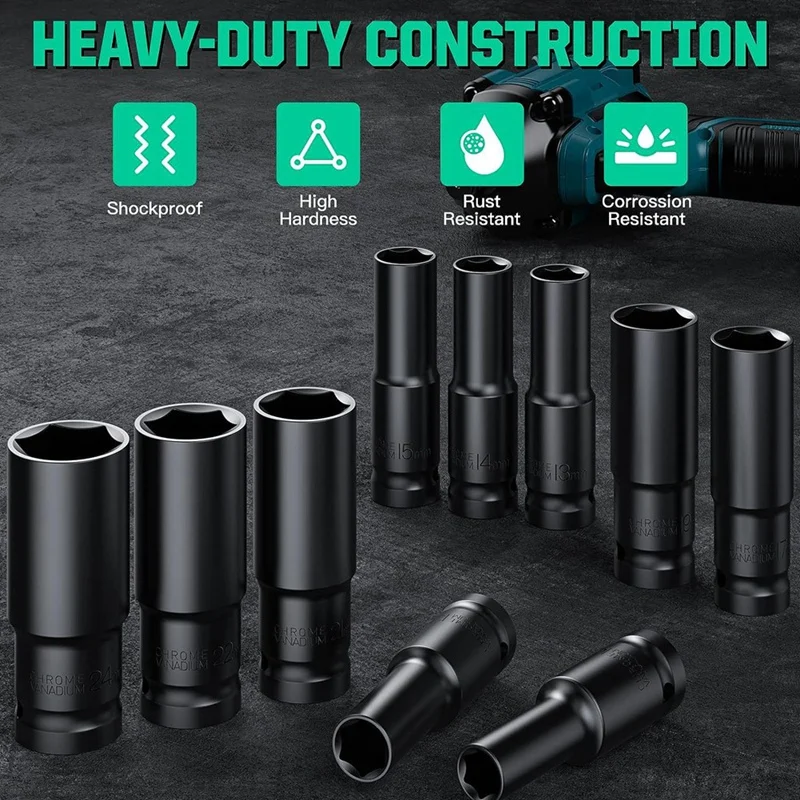 Impact Socket Set 1/2 Drive -15PCS-Metric Size (10-32Mm) Sockets 6 Point Hex Design Easy Install