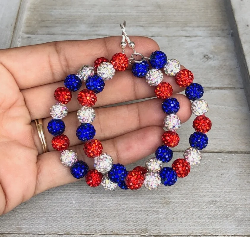 1 Pc Fine White Blue Red Beaded Fashion Zircon Beaded Earrings Pendant Women USA Independence Day Gift