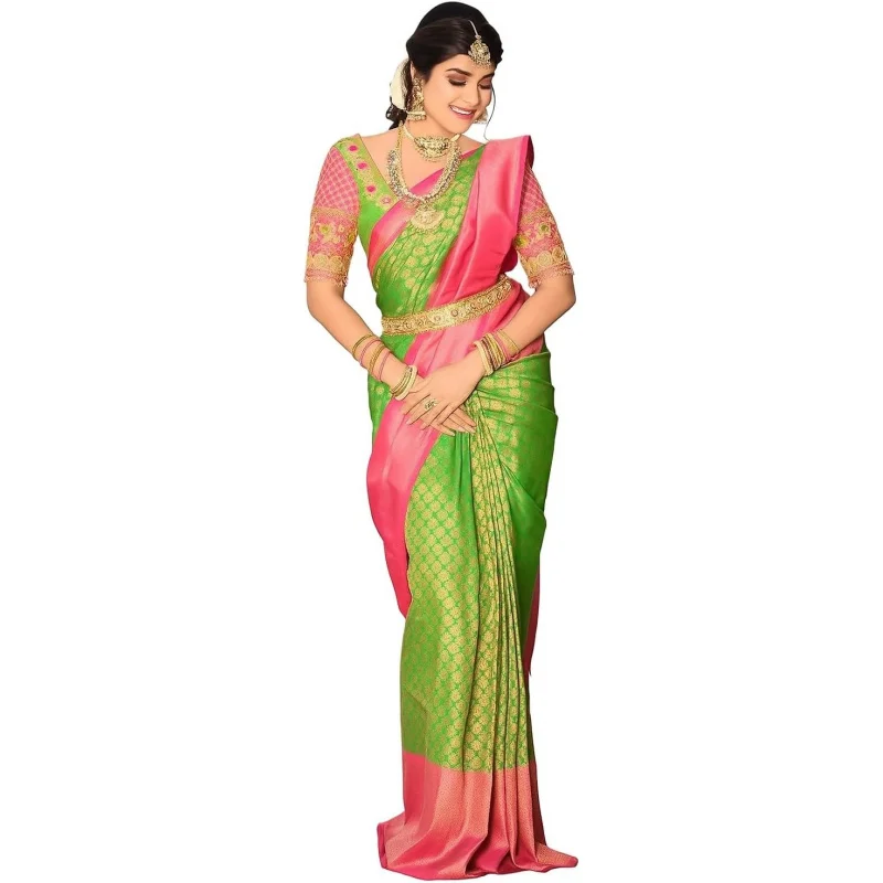 

Women's Kanjivaram Organza Tissue Soft Lichi Silk Sarees With Blouse Piece