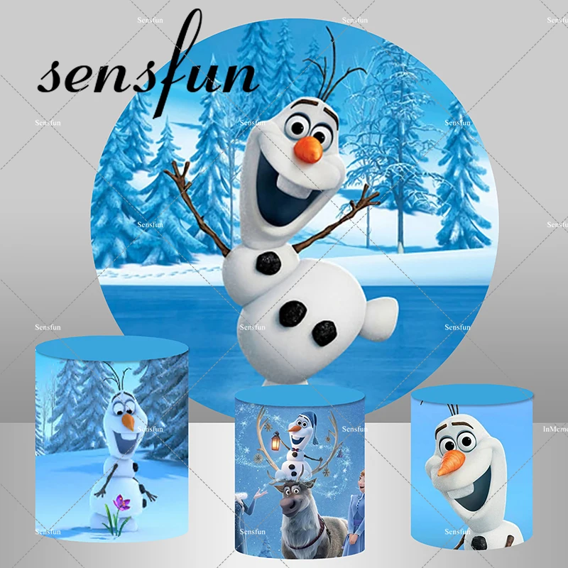 

Frozen Theme Baby Shower Birthday Party Round Backdrop Cover Winter Snow Olaf Circle Backgrounds Plinth Covers Elastic