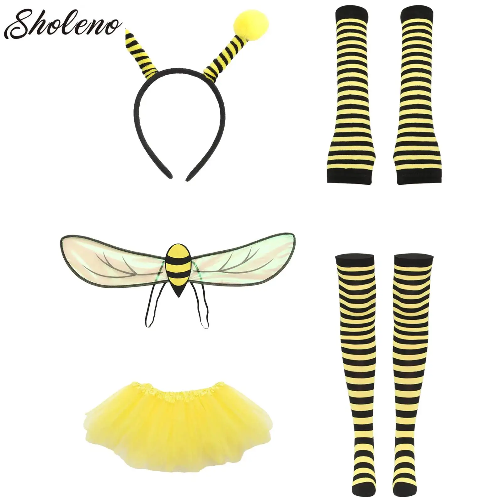

Bee Costume Accessories Set Bee Wings with Antenna Headband Mesh Skirt Gloves Socks Kit for Halloween Carnival Themed Party