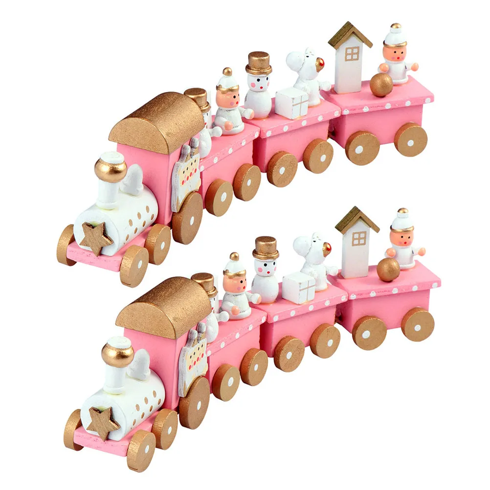 

2 Pcs Christmas Decoration Wooden Train s Ornaments Small Dining Table Pink Child