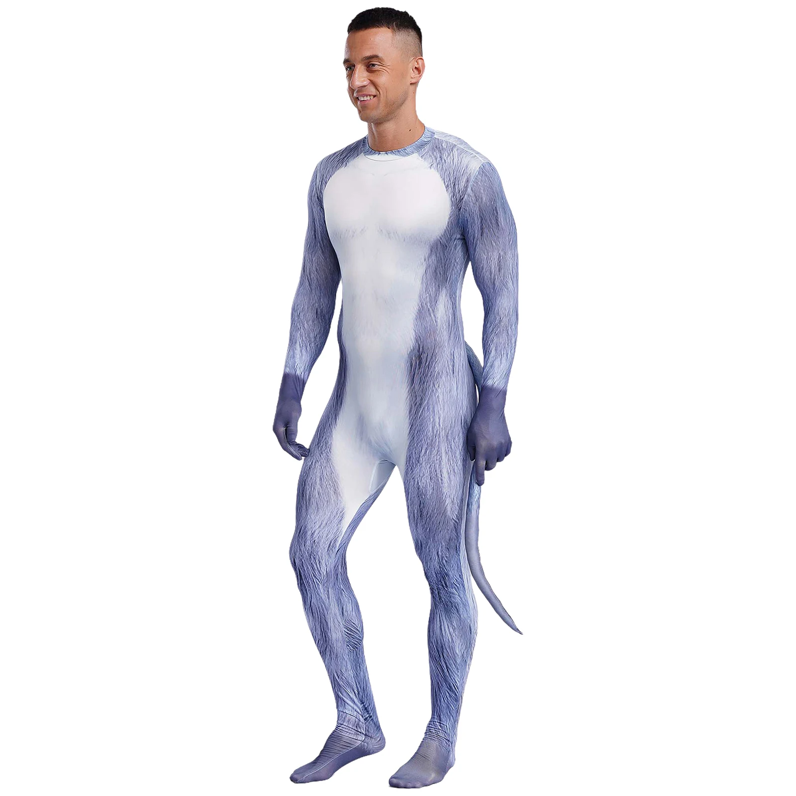 Men 3D Printed Animal Bodysuit Gloved Sleeve Jumpsuit Cosplay Costume Padded Tail Zipper Jumpsuits Catsuit for Halloween Parties