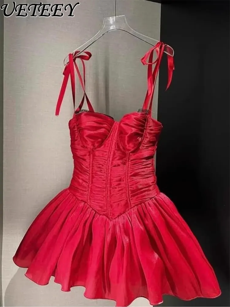 

Red Sweet Girls High Waist Red Suspenders Short Dress Women's Summer New Younger Fashion Party Cake Dresses Pettiskirt