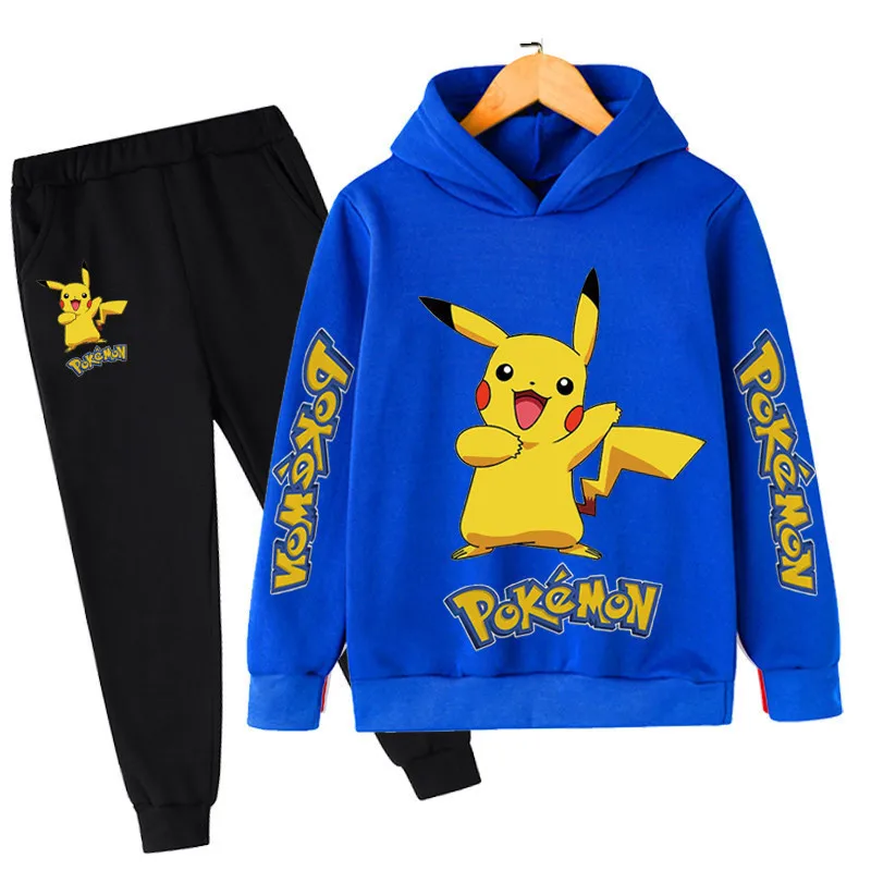 Conjunto de 2 piezas de sudadera con capucha y pantalones con estampado de dibujos animados de Pokemon Pikachu para niños, ropa deportiva informal, conjunto Kawaii