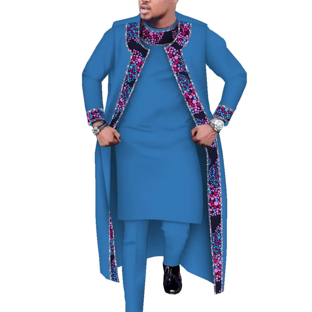 3 Pcs Set Long Robe Tops and Trouser Suits African Print Cotton Long Robe Pants Sets Party Wedding African Men Clothing Wyn1555