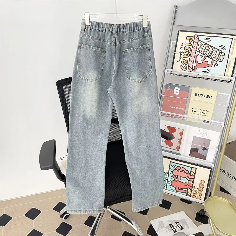Mens Jeans Relaxed Fit Distressed Embroidery Baggy Denim Pants Man Pants Straight Leg Washed American Vintage Streetwear Spring