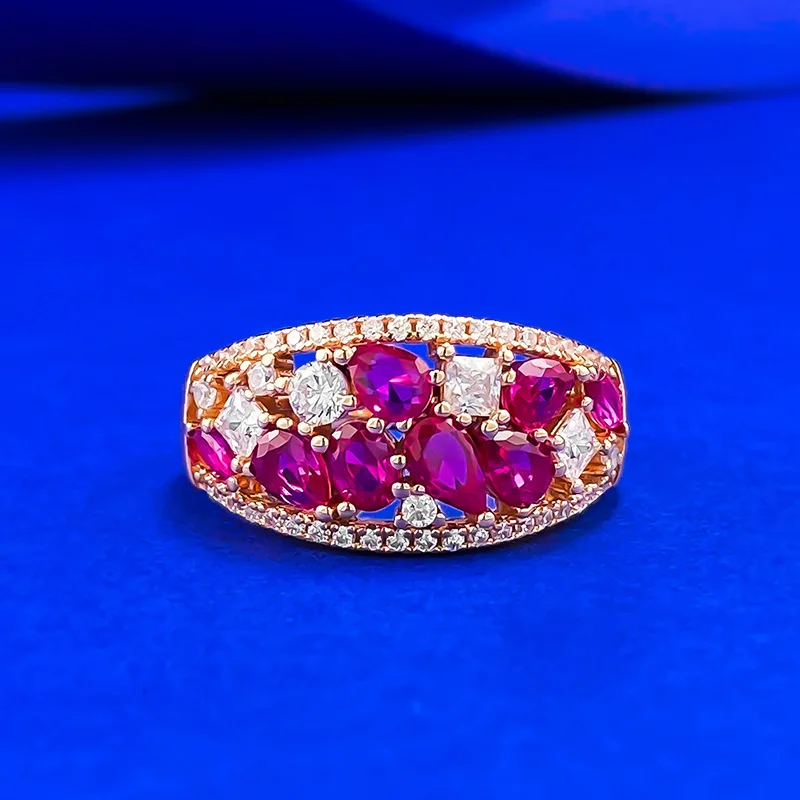 

New S925 Silver Light Luxury Ins Premium Zircon Red Diamond Ring Women's Full Diamond Charm Versatile Wedding Jewelry