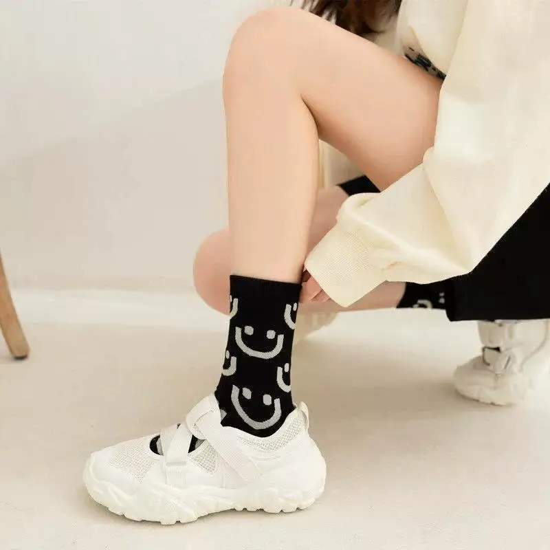 5 Pairs Cartoon Printed Women\'s Short Socks Cute Black White Ankle Socks Spring Autumn Fashionable Sweet Girls\' Mid Length Socks