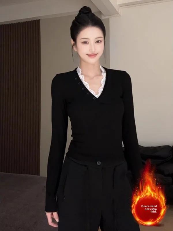 

Женская футболка больших размеров с кружевными вставками, длинным рукавом и V-образным вырезом, элегантный топ для осени и зимы, корейский стиль, облегающий крой