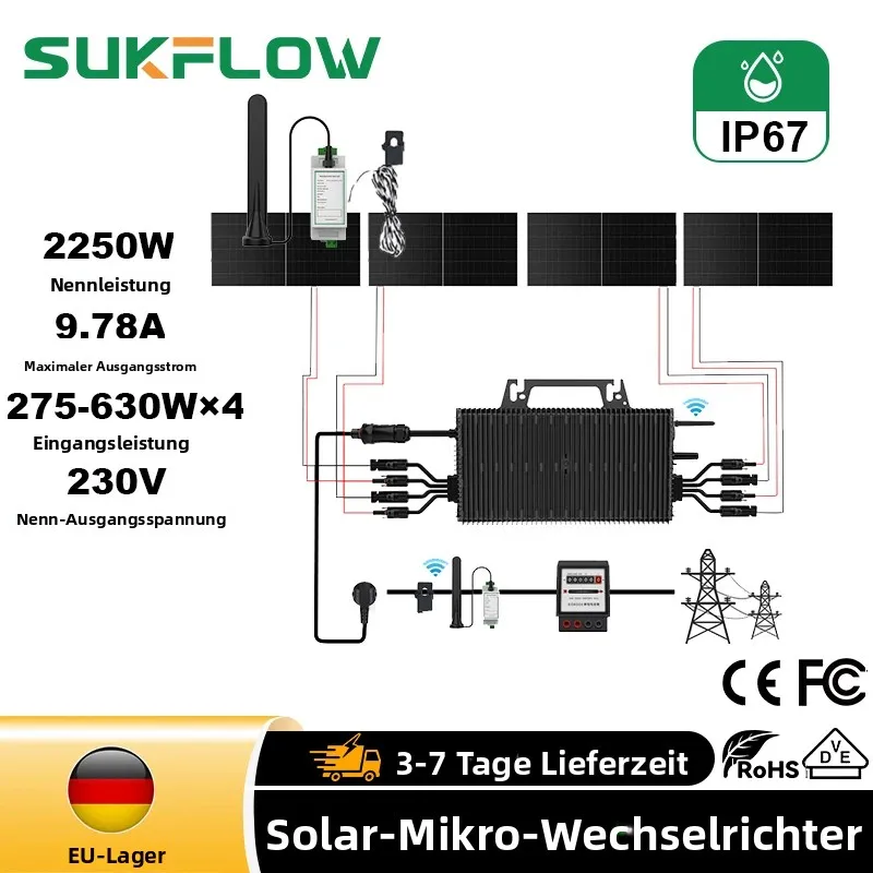 SUKFLOW 2250W Solar-Wechselrichter Anti-Rückfluss MPPT Reine Sinuswelle VDE-konform CE-zertifiziert für Deutsche Heim-Balkon-Photovoltaik-Systeme