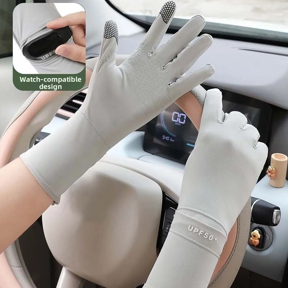 

Breathable Women Sunscreen Gloves Solid Color Thin Ice Silk Riding Gloves Sun Protection Silicone Anti Slip