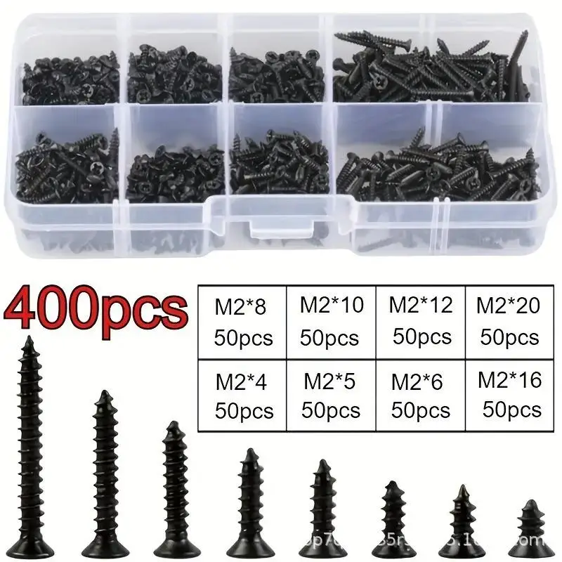 400/800PCS/1 Juego M2 Kit surtido de tornillos autorroscantes negros Tornillos de bloqueo y tornillos para madera