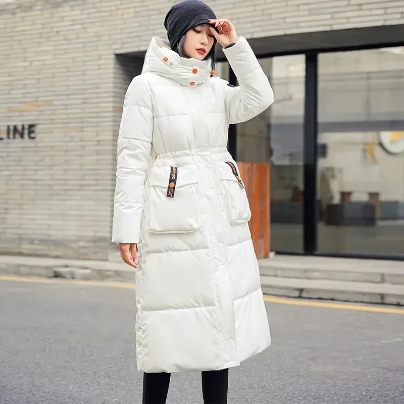 Neuer Winter weißer Mantel Frauen lange glänzende Daunen jacke lose warme Kapuze Parka Mantel weibliche lässige Schnee jacken